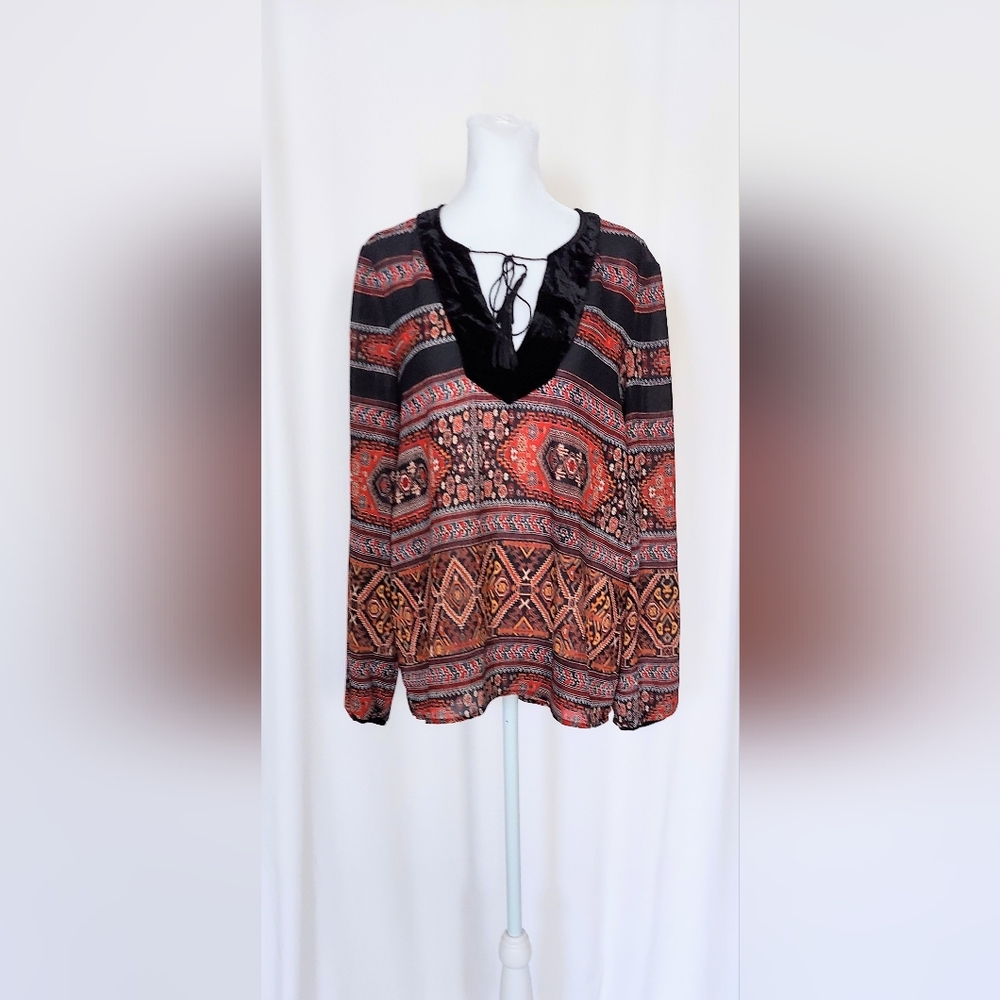 Sanctuary Long Sleeve Boho Peasant Top Paisley Print Blouse Red Size Small